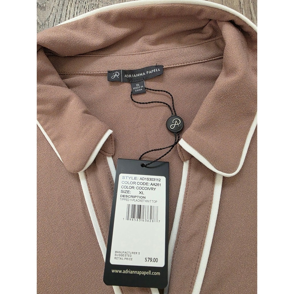 Adrianna Papell Knit Top Women XL Cocoa NEW Tipped Y-Placket Button Down - Picture 2 of 6